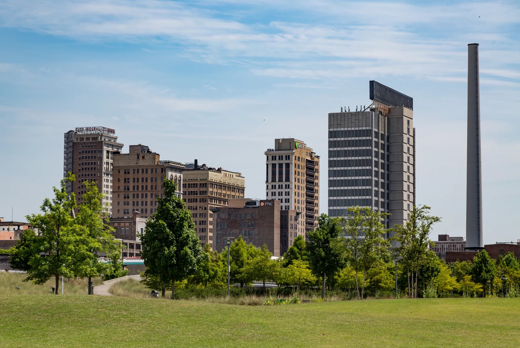 Birmingham skyline from Railroad Park on a bright day